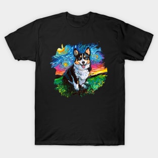 Tri Color Corgi Night with border T-Shirt